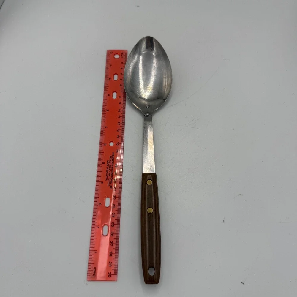 Vintage Stainless USA Serving Spoon Faux Wood Handle Brass Rivets 11.5 Inch